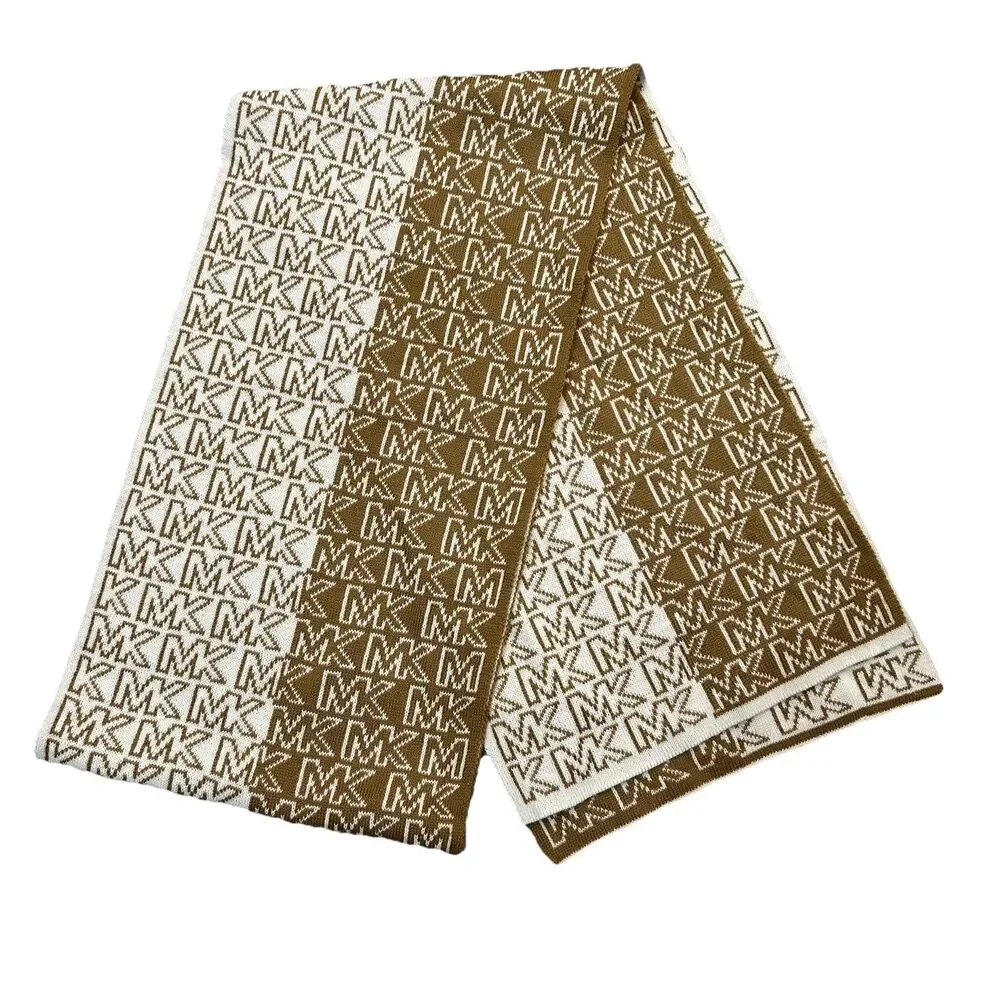 Michael Kors Women's Brown Tan Camel Knit Signature Logo Long Rectangle Scarf